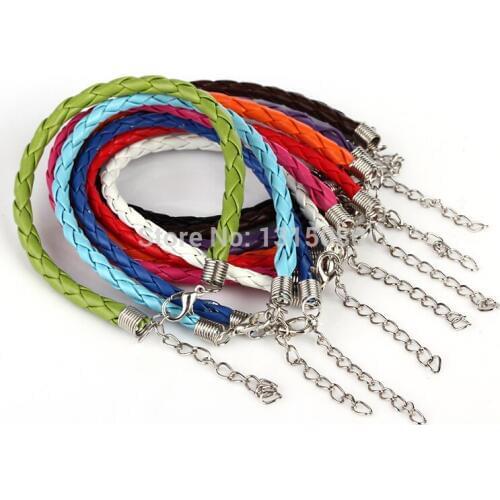 200*4MM 50pcs Mixed Hand-knit Hide Rope Charms Bracelets Lobster Clasps Leather bangles