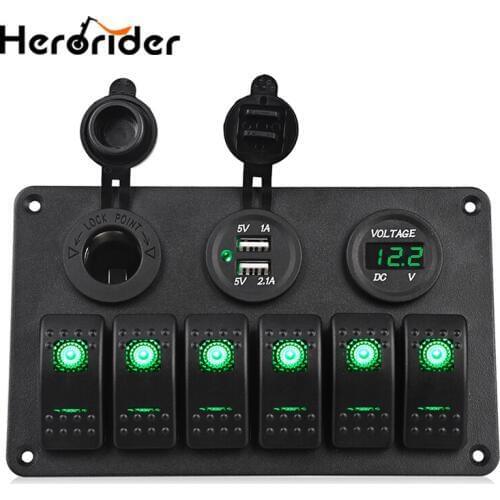 6 Gang Marine Ignition Toggle Rocker Switch Panel with Voltmeter 3.1A Dual USB Charger Cigarette Lighter Socket For RV Car Boat
