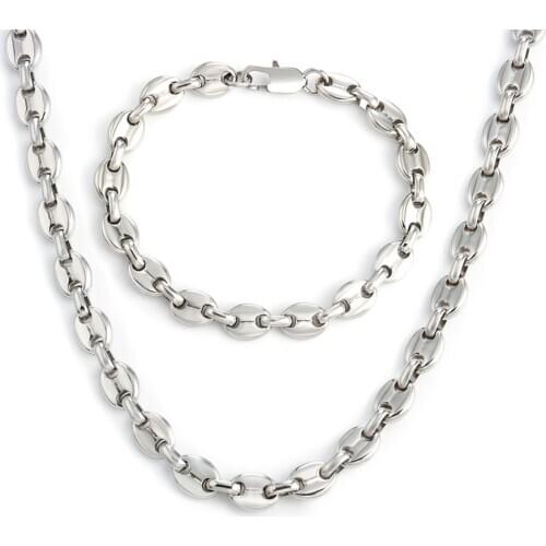 Silver Color Coffee Beans Link Chain Necklace and Bracelet For Men and Women 8.7mm Wide 316L Stainless Steel Waterproof Jewelry