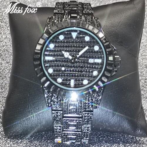MISSFOX Luxury Men Watches Top Brand Hip Hop AAA Diamond Quartz Wristwatch Punk Fashion Full Black Auto Date Clocks Couples Gift
