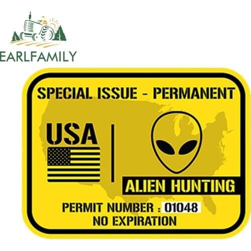 EARLFAMILY 13cm x 9cm United States Alien Hunting Permit Printed Vinyl Decal Car Sticker UFO Waterproof DIY Accessories