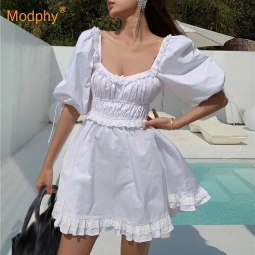 Elegant White WomenS Dress Fashion Lantern Short-Sleeved Ruffled High Waist Mini Dress 2020 New Female Clothing