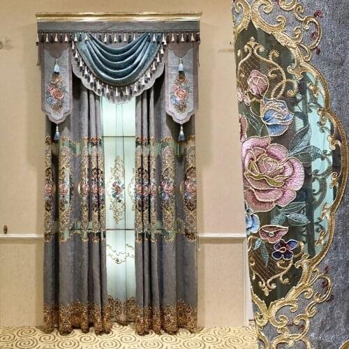 European Luxury Embroidered Floral Hollowed Curtains for Bedroom Darkening Blue Chenille Sliding Door Window Panels Drapes