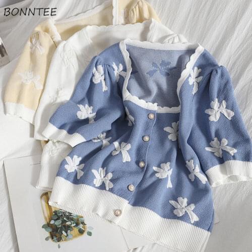 Knitted T-shirts Women Sweet Floral Short Sleeve Summer Ulzzang Preppy Girls Tees All-match Square Collar Teens Clothing Tops