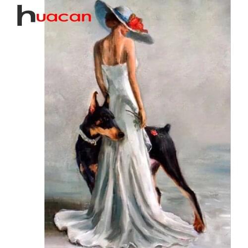 Huacan Diamond Mosaic Embroidery Full Woman 5d Diamond Painting With Square Rhinestones Portrait Dog Home Decor