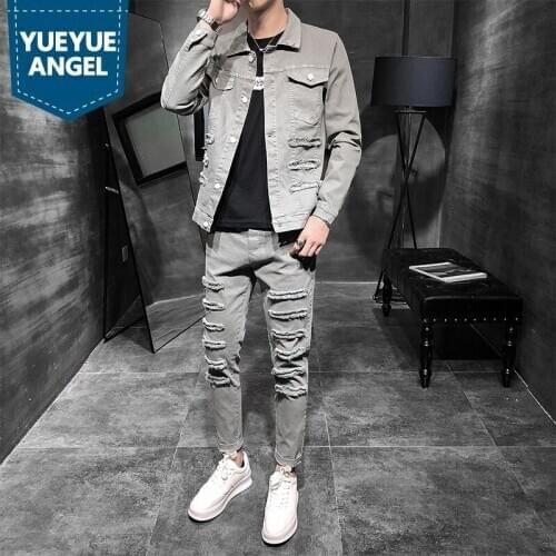 Fashion Mens Plus Size Casual Cargo 2Pcs Denim Sets Punk Hole Ripped Long Sleeve Single Breasted Jackets Ankle Length Slim Pants