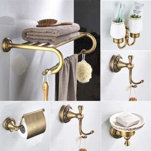 Bathroom hardware set Antique Brass Carved shower shampoo basket wall mounted towel rack paper holder Bathroom Accessories set