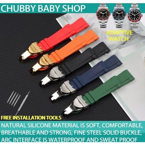 22mm Black Blue Red Orange Green Curved End Soft Silicone Rubber Wrist Watch Band Strap with Silver Clasp For Tudor Watchband