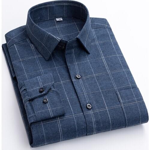 100% Cotton plaid shirts for Men Long sleeve Regular Fit Striped checked Mens casual shirts Excellent Leisure Business Casual