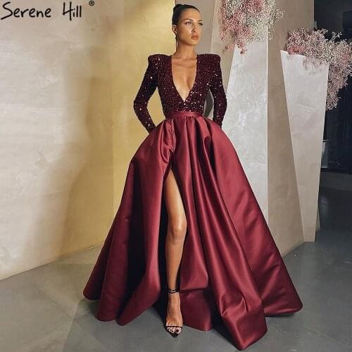 Serene Hill Wine Red High Split Evening Dresses Gowns 2021 Luxury Sparkle Mikaduo For Woman Party LA71062