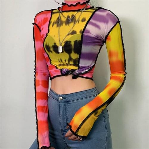 Patchwork Striped Crop Tops Women Summer T-shirt Tops Female Evening Party Club Wear Ladies Long Sleeve Ruffled Crop Tops