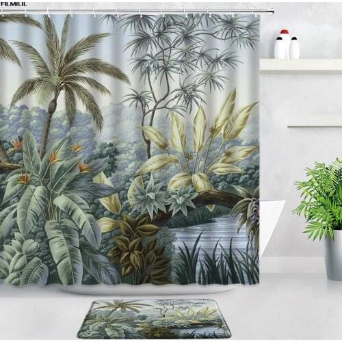 Tropical Jungle Plants Waterproof Shower Curtains Bath Mats Set Palm Trees Banana Leaves Scenery Bathroom Non-slip Rugs Door Pad