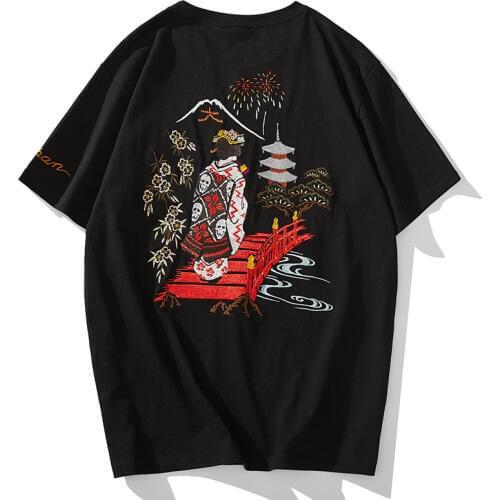 Japanese fashion brand embroidery skull flower queen cherry blossom Fuji short-sleeved T-shirt summer cotton bottoming shirt men