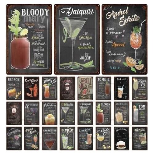 Iron Painting Cocktail Juice Coffee Menu Tin Sign Bar Club Metal Craft Home Dessert Shop Wall Decoration Stick Figure Metal Sign