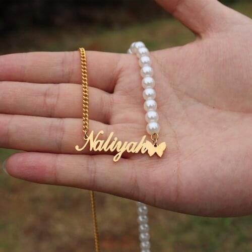 Custom Pearl Name Necklace For Women and Girl Stainless Steel Collier Femme Jewelry Customized Cute Butterfly Necklaces