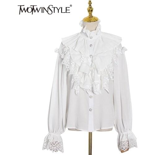 TWOTWINSTYLE White Patchwork Ruffle Lace Blouse For Women Stand Collar Flare Sleeve Vintage Shirt Female Fashion New Clothing