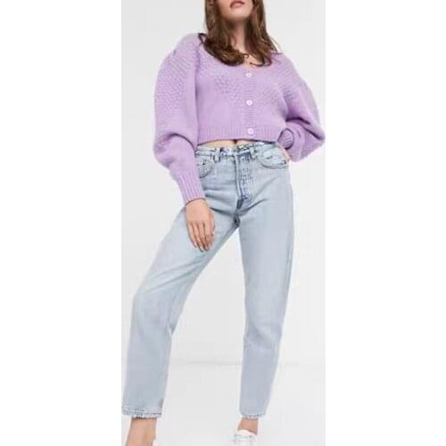 Spring and autumn womens casual solid color V-neck long-sleeved short cardigan sweater