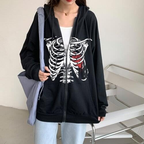 Women sweetshirts Goth Zip up hoodie Gothic Clothes Plus Size Clothing Autumn Winter Streetwear Long Sleeve Top Skeleton Hoodies