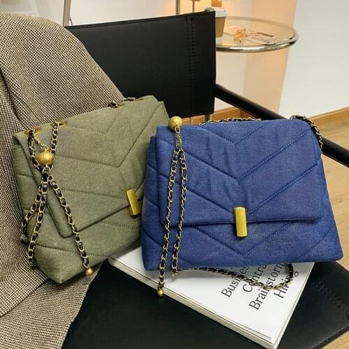 Women Handbags Pu Leather Shoulder Bags Designer Simple Style Denim Crossbody Bags Female Trending Chain Hand Bag