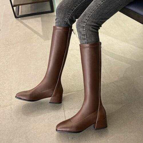 2021 Autumn Winter Womens Warm Comfortable Mid Heel Knee High Boots Spring Fashion Square Head Zipper Stitching Ladies Boots