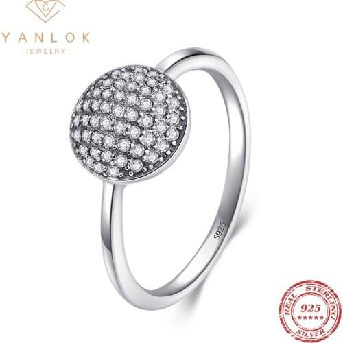 YANLOK Round Sparkling Clear CZ Finger Rings for Women Fashion Luxury Ring Band 925 Sterling Silver Fine Europe Jewelry 2021 New