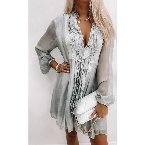 2021 Summer Women Fashion Party Dresses Elegant Long Sleeve Loose Chiffon Dress Sexy V Neck Ruffle Lady Solid Color Mini Dress