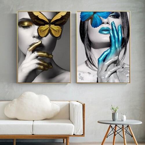 Abstract Wall Art Modern Woman butterfly Lips Canvas Paintings Gold And Black Fashion Girl Posters Wall Pictures for Home Design