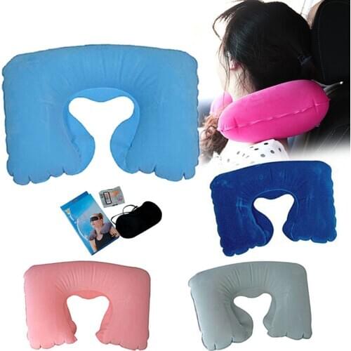 Travel Inflatable U-Shaped Flight Pillow Portable Neck Rest with Eye Mask Earplug Set M2
