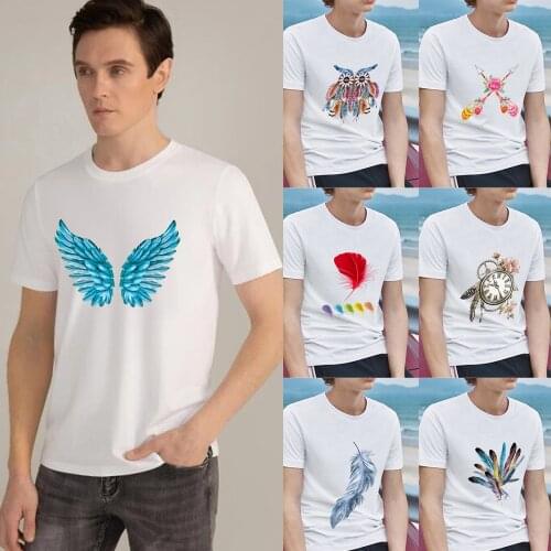 Trendy Mens Classic White T-shirt Color Feather Pattern Printing Series Printing Casual O-Neck Commuter Soft Mens Slim Shirt