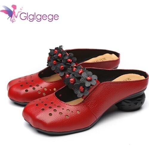 Glgl Genuine Leather Shoes Flower Slippers Handmade Slides Flip Flop On The Square heel For Women Woman Slippers Plus Size 40