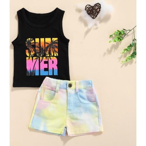 2Pcs Sweet Style Little Girls Outfit, Summer Letter Coconut Tree Printing Sleeveless Round Collar Vest + Colorful Denim Shorts