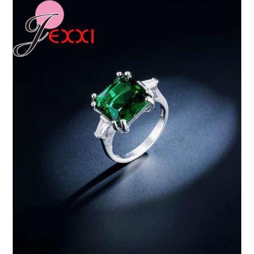 Trendy Women Square Green Crystal Wedding Rings Engagement Bands Style 925 Sterling Silver Ring Fashion Bridal Jewelry