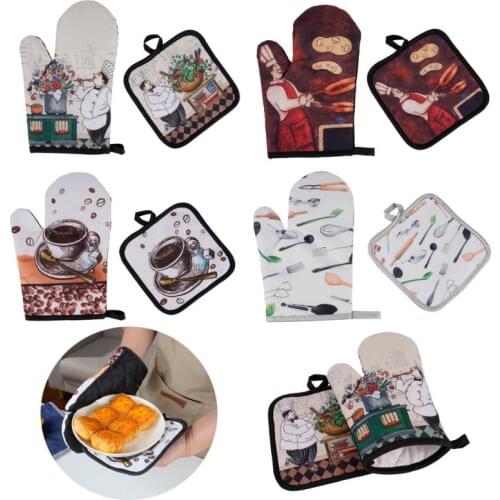Cartoon Oven Gloves heat-insulating pad two-piece Gloves Tray Dish Bowl Holder Baking Gloves Placemat Kitchen Accessories
