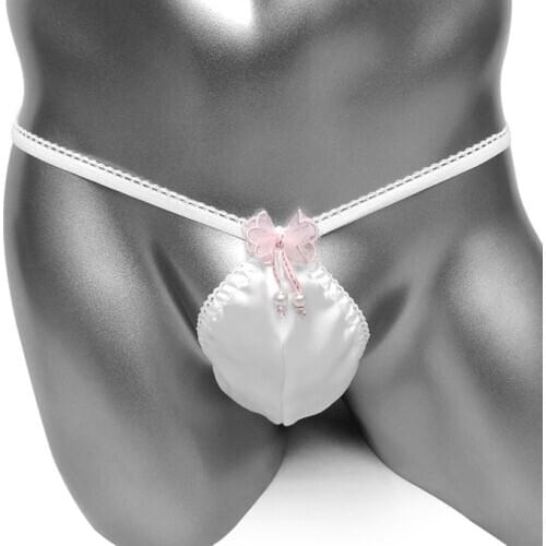 Mens G String Lingerie Panties Bulge Pouch Low Rise Ruffle Lace Shiny Satin Sissy Slip Hommes Bikini Thong Underwear Underpants