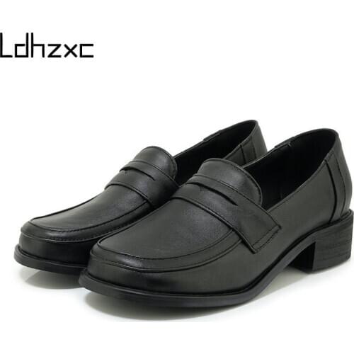 LDHZXC 2021 New Brand Women Pumps Med Heel Shoes Round Toe Vintag Slip on Shallow Casual Loafer Shoes Size 33-48 Black Brown