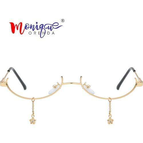 Hip hop women glasses frame men party eyeglasses with chain crystal small half frame Lensless glasses spectacle frame