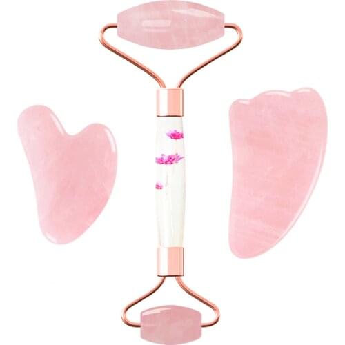 Rose Quartz Face Roller Eternal Flower Roller Gouache Scraper for Anti-Aging Natural Pink Crystal Gua Sha Massage Skin Care Tool