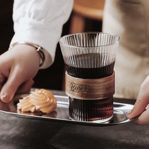 Glass Coffee Cups 10.5 oz Reusable Coffee Mugs with Wood Sleeve Japanese Style Glassware for Tea Latte Americano Cappuccinos