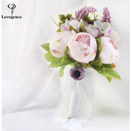 Lovegrace Bride Wedding Bouquet Bridesmaid Holding Bouquets White Home Party Artificial Silk Peony Fake Flower Table Decorations