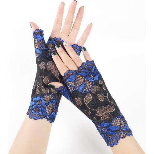Green Ladys Fingerless Black Floral Lace Gloves Summer Thin UV-Proof Driving Gloves Gothic Sexy Short Hollow Blue Party Gloves