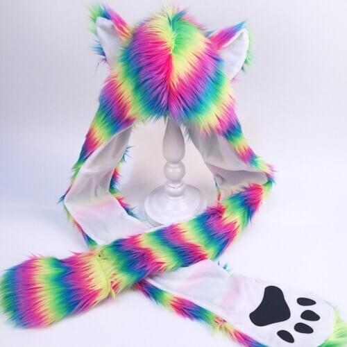 Women Rainbow Stripes Furry Animal Hoodie Hat Fluffy Plush Ears Paws 3 In 1 Earflap Cap Scarf Gloves Mittens Warmer