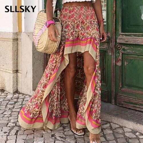 SLLSKY Boho Floral Print Long Women Skirts 2021 Summer Elastic Band High Waist Ladies Skirt New Fashion Irregular Female Skirts