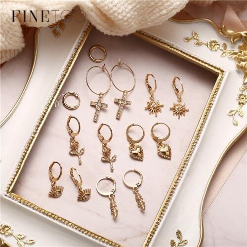 Minimalist Small Hoop Earrings for Women Gold Color Tiny Eyes Cross Star Rose Flower Huggie Circle Hoops Endless Earrings