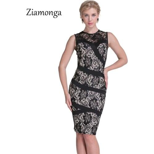 Ziamonga Women Black Bandage Dress Runway Elegant Sleeveless Knee Length Midi Pencil Office Bodycon Dress Sexy Party Lace Dress