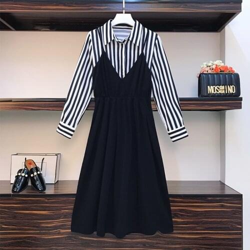 4XL plus size women Stripe Patchwork shirt dress autumn winter 2021 long sleeve turn down collar Fake two casual Striped dresses