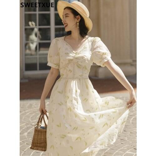 SWEETXUE 2021 Women Summer Vintage Elegant Temperament Sweet Kawaii Floral Embroidery princess Chic Fairy Dress Female Vestidos