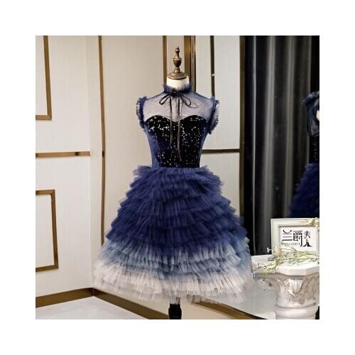 100%real cake ruffled navy blue velvet with ruffled veil bowknot short lolita dress/can customs size