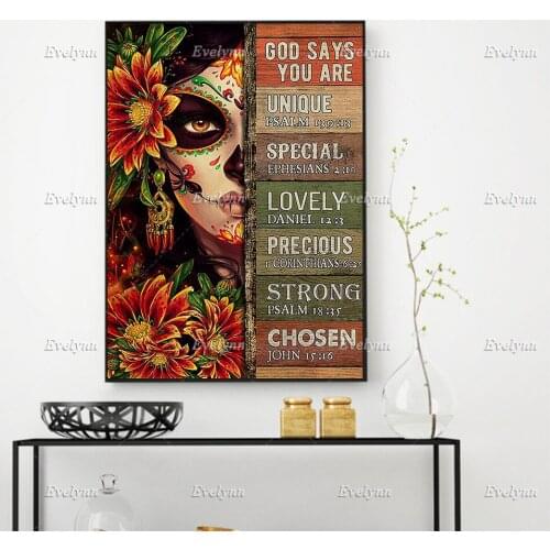 God Says You Are Unique,Special,Lovely Poster, Sugar Skull Art, Tattoo Girl,Day Of The Dead, Home Decor Prints Wall Art Canvas