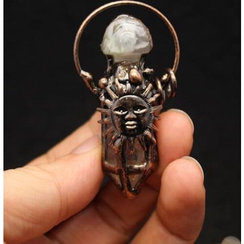 High Quality Hexagonal Column Crystal Quartz Pendant Necklace Sun Smile Face Bronze Alloy Chrysanthemum Agates Vintage Necklace