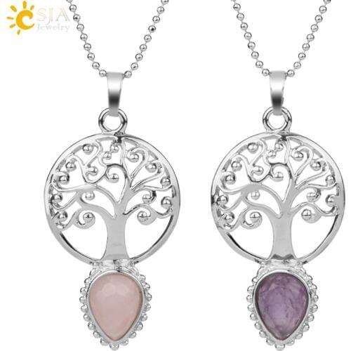 CSJA Tree of Life Faceted Natural Stone Water Drop Pendants Necklaces Yoga Healing Crystal Beads for Women Fashion Jewelry G167